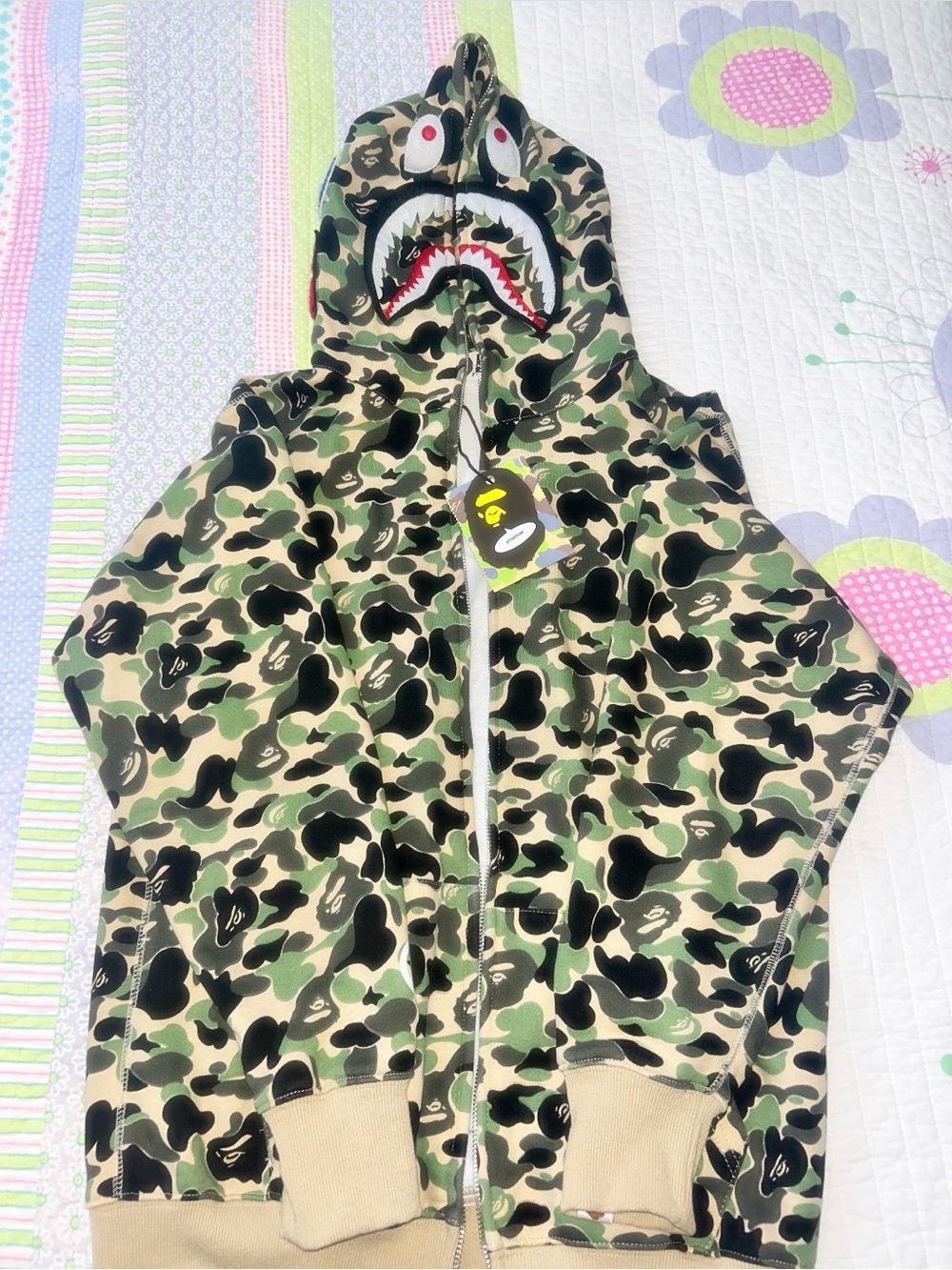 A Bathing Ape BAPE Shark Zip-Up Hoodie in Green Camo